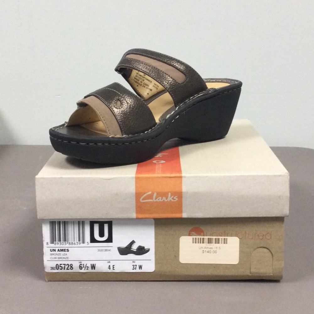 Clarks Un Ames Black and Brown Sandals with Wedge Heel